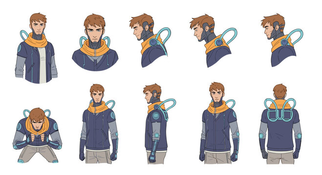 Detailed character sheet of a futuristic sci-fi male character shown in various poses and different camera angles.