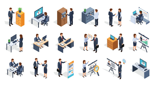 Comprehensive collection of isometric office worker icons showing professional people engaged in various business tasks and collaborative activities.