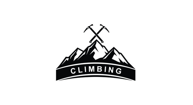 Black and white logo for a climbing club or adventure brand featuring a mountain range silhouette and two crossed ice axes with bold text.