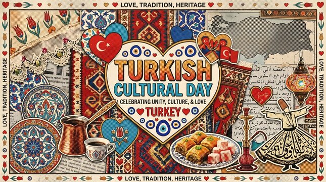 Turkish cultural day celebration poster with traditional symbols and patterns