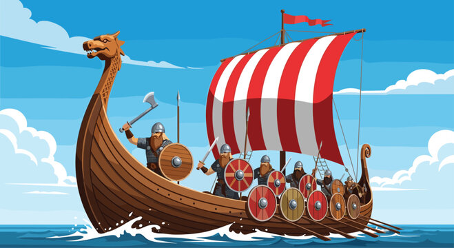 Historic viking longship sailing across the blue ocean waves with a dragon head prow and a group of fierce warriors holding shields and axes.