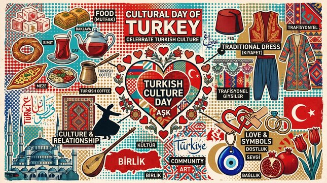 Cultural day of turkey celebration poster with traditional symbols and food