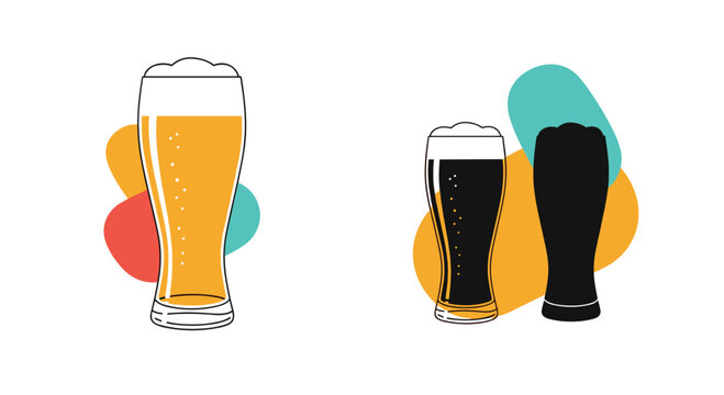 Illustration of three glasses of beer including a light lager and a dark stout with colorful abstract shapes in the background for a modern look.