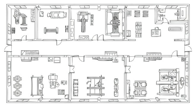 Detailed floor plan sketch displaying an expansive interior layout with multiple rooms and clearly delineated sections for various activities and equipment arrangements suitable for