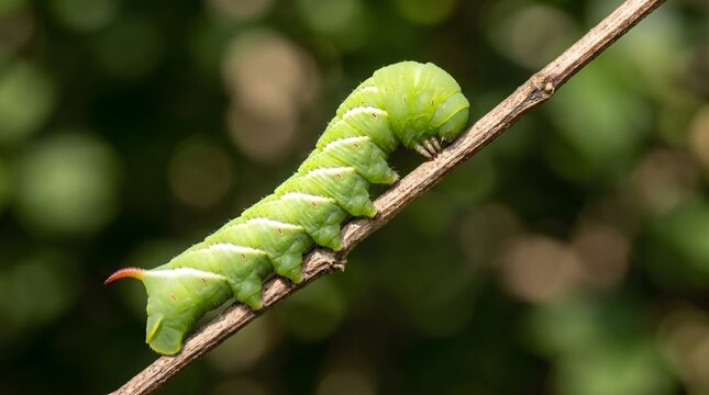 Large green sphinx moth caterpillar crawling slowly along thin brown twig in wilderness.