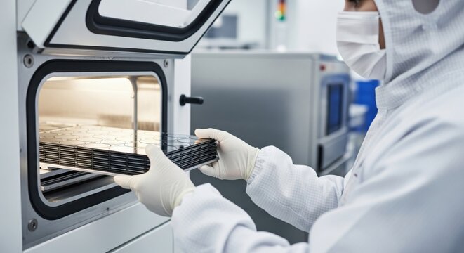 Cleanroom technician loads silicon wafer cassette into processing tool, showing precise wafer handling, sterile workflow and advanced semiconductor manufacturing.