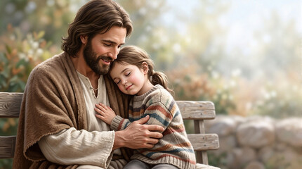 Fototapeta premium Jesus with child sharing a moment of love and comfort on a wooden bench in a serene garden. Joyful scene includes gentle embrace and warm expressions, highlighting connection and faith.