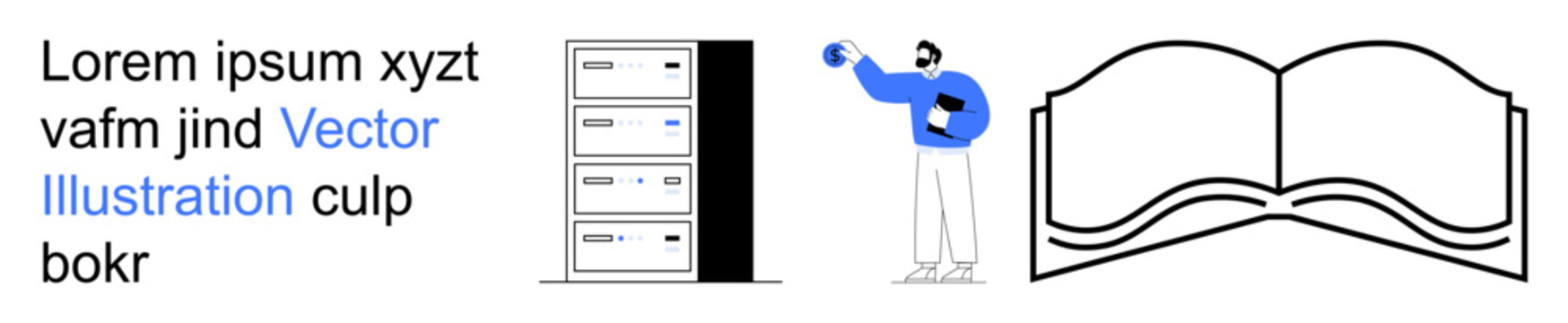 Education, data management, digital learning, cloud computing, knowledge sharing, file storage. Server racks, open book and a person analyzing data. Education and data management theme