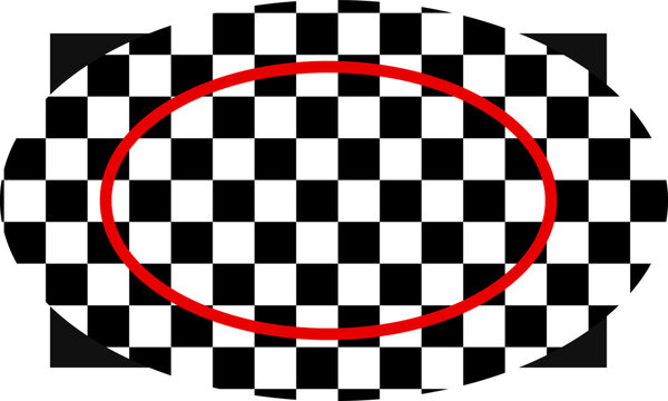 Black and white checkered pattern inside an oval shape with a red ring graphic illustration