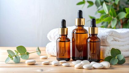 Serene spa setup with amber essential oil bottles, fresh eucalyptus, and smooth white pebbles on wood. Ideal for natural skincare marketing, holistic health, and relaxation concepts.