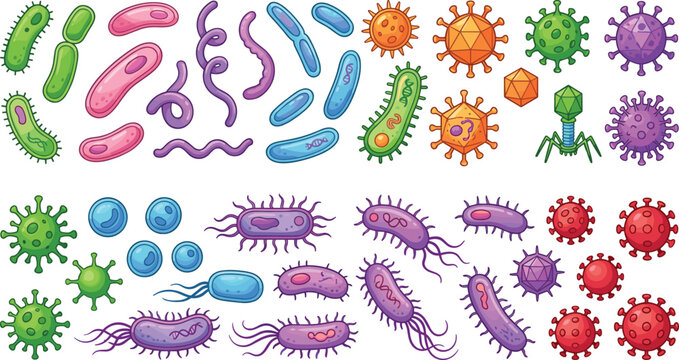 Diverse Microorganism and Bacteria Vector Set featuring Pathogens Viruses Bacteriophages and Germ Cells for Scientific Research Medical Education Healthcare Awareness and Biological Laboratory Designs
