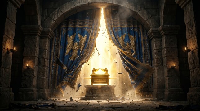 Golden Ark of the Covenant with Torn Temple Veil and Radiant Divine Light in Ancient Stone Sanctuary