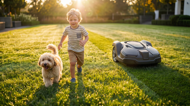 Boy and a dog are playing in the yard on the grass and an automatic robotic lawnmower is working nearby, mowing the lawn grass