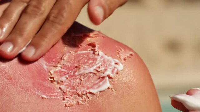 Applying soothing cream to sunburned shoulder peeling skin for immediate relief and healthier skin