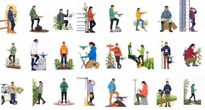 Flat Vector Illustration Collection of Professionals Using Drones and Advanced Technology for Precision Agriculture and Environmental Monitoring in Various Field Settings