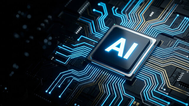 Ai chip circuit board technology society transform digital network futuristic blue neon electronic. future intelligence innovation. algorithm network learning system, justice law policy