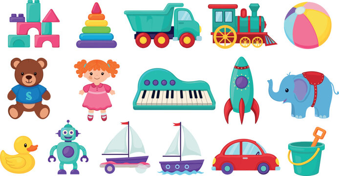 Colorful vector illustration set of children toys featuring teddy bear robot doll train and toy cars