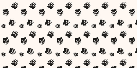 Seamless pattern of black bear paw prints with claws on a light beige background vector illustration of animal tracks for wallpaper and fabric design © MDAzizul
