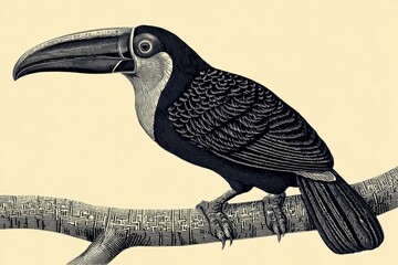 Fototapeta premium Elegant toucan perched on a branch, vintage black and white illustration
