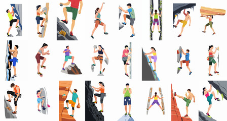 Large set of flat vector illustrations depicting people rock climbing, bouldering, and mountaineering on various cliffs and rock formations. © Sabiqul