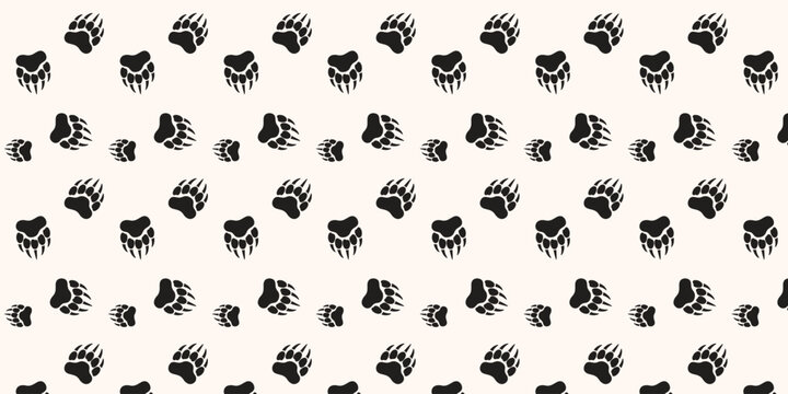 Seamless pattern of black bear paw prints with claws on a light beige background vector illustration of animal tracks for wallpaper and fabric design