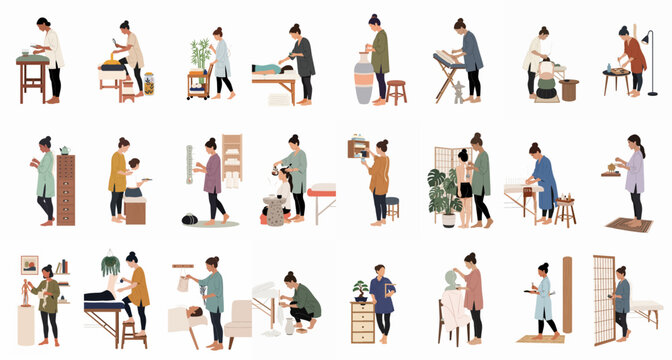 Collection of traditional Chinese medicine and acupuncture therapy illustrations featuring professional practitioners performing various wellness treatments in a clean, minimalist flat style.