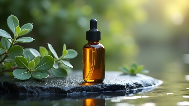 Organic skincare dropper bottle on basalt stone with eucalyptus leaves and water ripples, natural spa concept.
