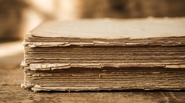 A stack of old, worn papers sits on a wooden surface indoors.