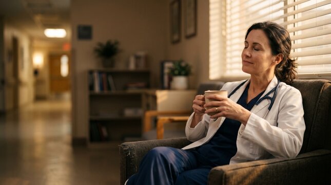 Exhausted female doctor resting with coffee in hospital break room