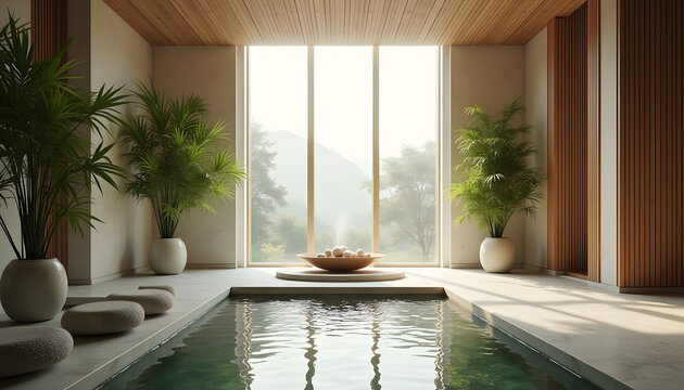 Minimalist zen atmosphere with balanced stones, green bamboo and water elements, peaceful spa background for wellness and meditation