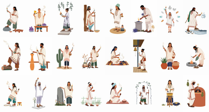Collection of diverse people performing spiritual rituals, smudging with sage, using crystals and traditional tools for holistic healing and mindfulness practices.