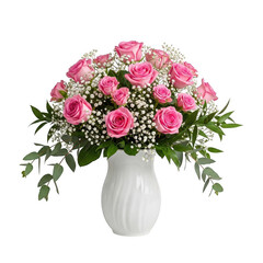 Fototapeta premium Beautiful bouquet of pink roses in a white ceramic vase for decoration isolated on transparent background