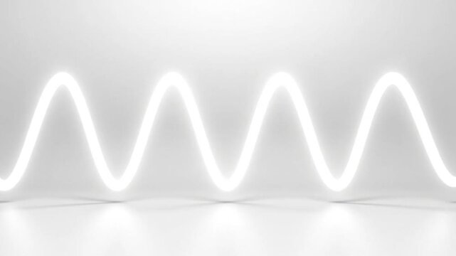 Luminous White Sinusoidal Waveform Animation in a Minimalist Studio Environment Creates a Serene Backdrop