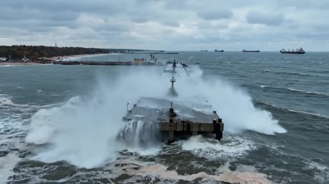 Dramatic ocean waves crashing over a deteriorating concrete pier during a storm with cargo ships in the distance