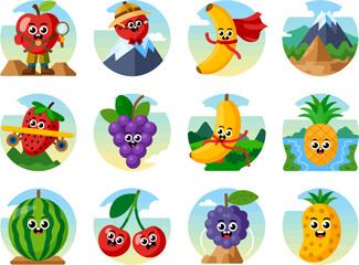 Fototapeta premium Collection of cute anthropomorphic cartoon fruits engaged in various activities and adventures against scenic backgrounds