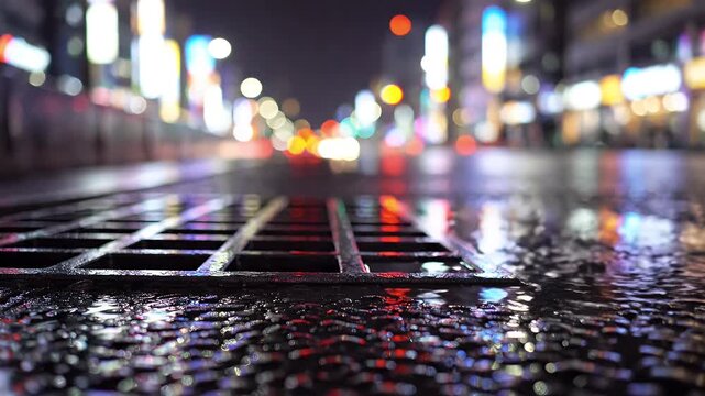 Low-angle nighttime city street with glistening wet pavement and distant glowing storefronts