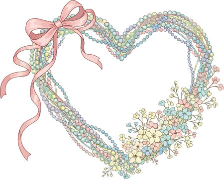 Beautiful heart shaped floral wreath with pink bow on white background for valentines day