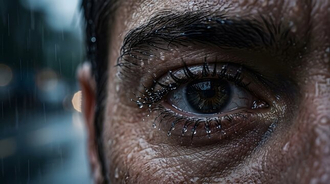 Eye with long lashes covered in rain droplets, intense closeup moisture texture