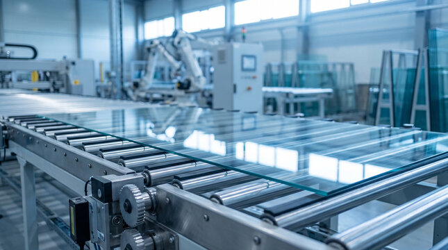 Automated glass production line with large glass panels on a conveyor belt in a modern factory. Industrial manufacturing process