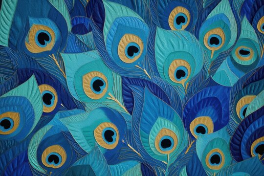 Vibrant Blue and Teal Avian Feathers Pattern with Shimmering Gold Accents