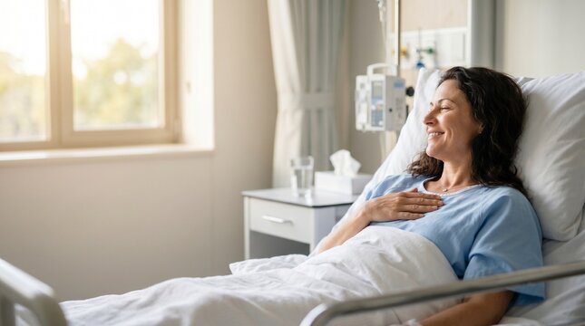 Happy female patient resting in bed at hospital recovery room