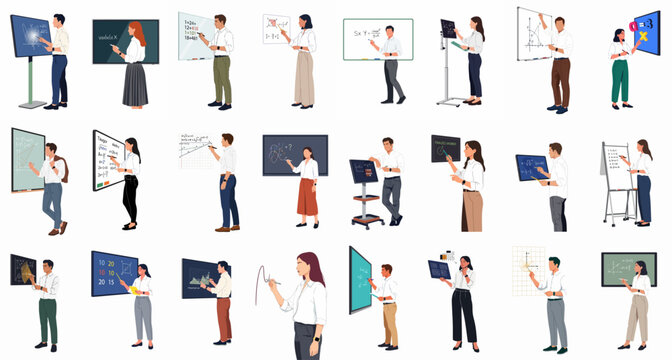 Collection of diverse teachers and professors standing by whiteboards and digital screens teaching mathematics, science, and technology in a flat illustration style.