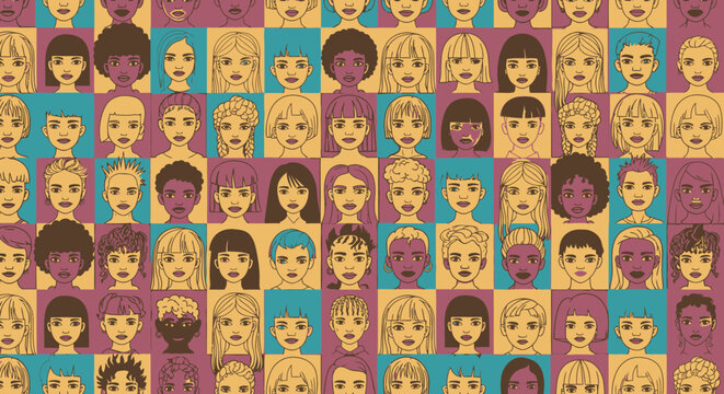 Diverse women faces pattern in retro colors flat illustration