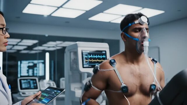 Doctor monitors athlete during treadmill fitness test in medical lab. Cardio assessment with doctor analyzing athlete data. Treadmill test measures fitness. Medical monitoring of athlete exercise.