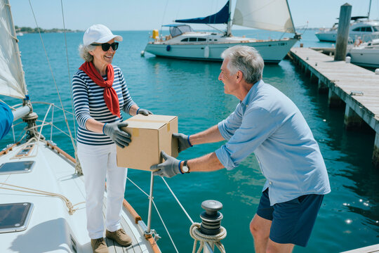 Senior Caucasian couple transferring cardboard box between dock and sailboat, handling marina delivery and boating logistics. Ideal for retirement lifestyle, travel service, moving concept