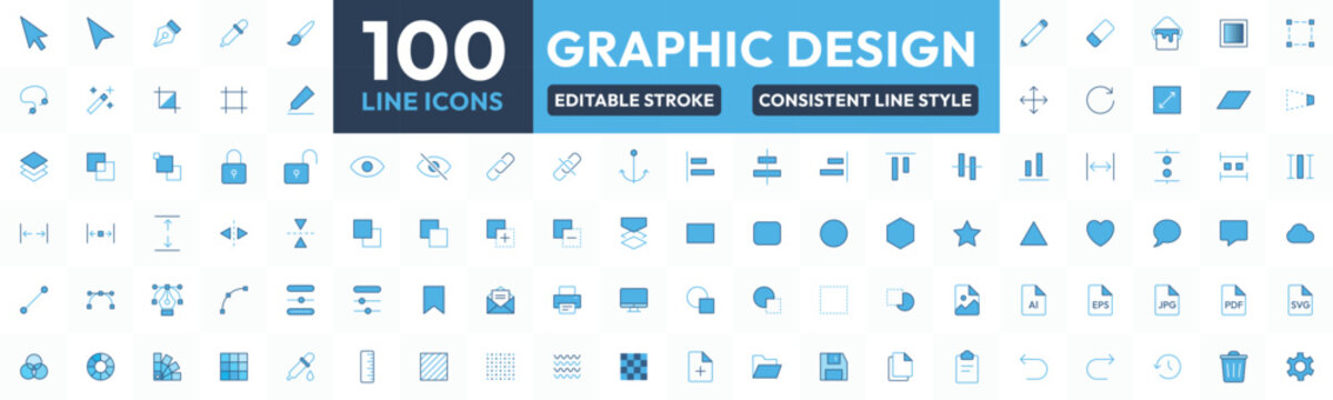 Graphic Design Icon Set for Creative App Interface, Design Tools Line Icons Collection for Web Dashboard and Digital Service
