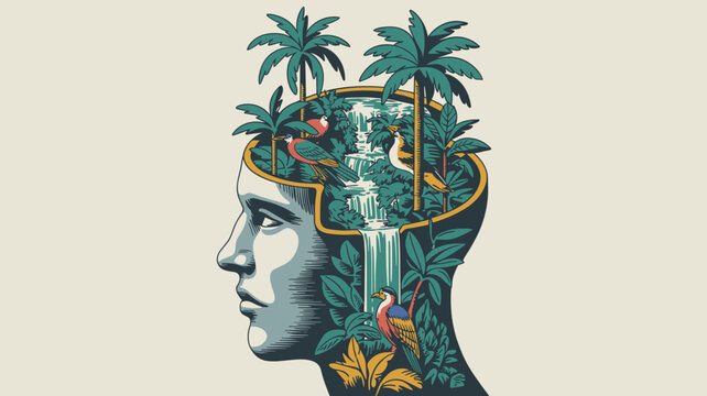 Surreal head with tropical jungle &ndash; Perfect for psychology, creativity blogs, or unique art.