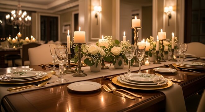 Elegant formal dinner table setting with burning candles, floral centerpieces, and fine china under warm ambient lighting.
