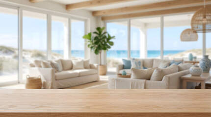 Fototapeta premium Empty Wooden Table Top Mockup in Bright Beach House Living Room for Modern Interior Design Product Display