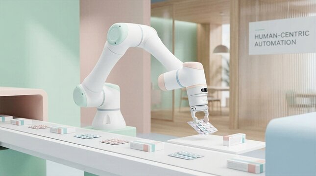 Collaborative robot arm picking up blister packs of pills on a clean automated conveyor in a bright modern pastel medical facility emphasizing human centric automation and pharmacy tech